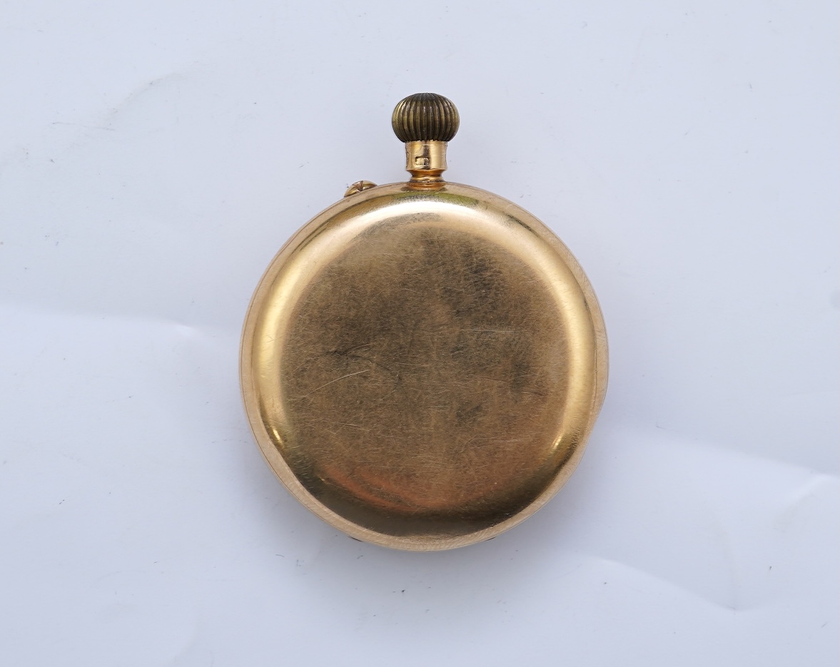 A late Victorian 18ct gold open faced keyless fob watch, by Kemp Brothers